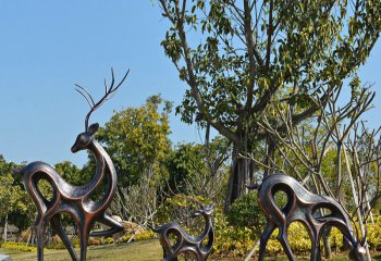 梅花鹿雕塑-公園銅雕抽象覓食的梅花鹿雕塑