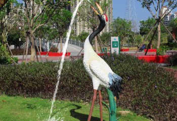 丹頂鶴雕塑-公園創(chuàng)意噴漆玻璃流水的丹頂鶴雕塑