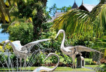 鶴雕塑-公園池塘不銹鋼鏡面抽象噴泉中的鶴雕塑