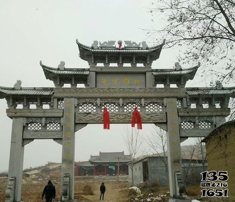 牌坊雕塑-寺廟功德大理石鏤空門(mén)樓牌坊石雕高清圖片