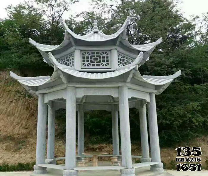 涼亭雕塑-景點大理石鏤空雙層寶頂休息區(qū)涼亭座椅高清圖片