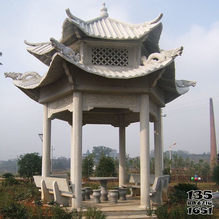 涼亭雕塑-雙層新款鏤空石涼亭公園戶(hù)外景觀雕塑高清圖片