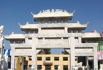 牌坊雕塑-大型景觀廣場(chǎng)擺放三門(mén)五樓浮雕仿斗拱牌坊雕塑