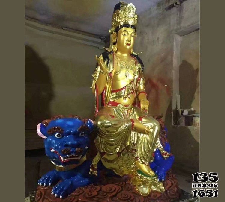 文殊普賢雕塑-寺廟玻璃鋼貼金文殊菩薩雕塑高清圖片