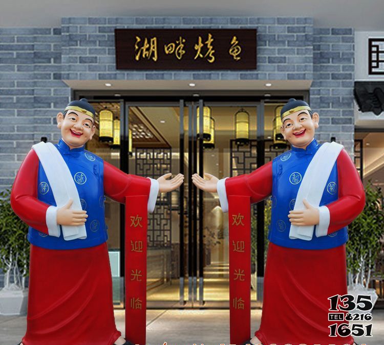 店小二雕塑-酒店門(mén)口擺放彩繪玻璃鋼迎賓店小二雕塑高清圖片