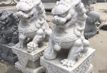 獅子雕塑-寺院漢白玉石雕大門口看護的石獅子雕塑