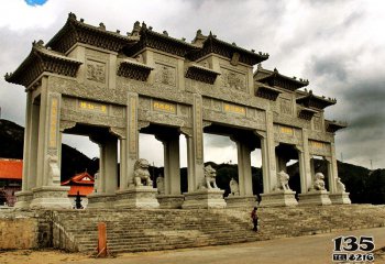 牌坊雕塑-寺院景區(qū)復(fù)式斗拱五門石雕牌樓坊