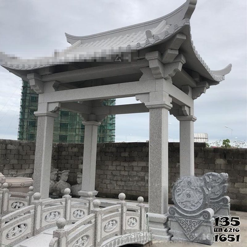 涼亭雕塑-寺院景區(qū)戶外擺放芝麻灰古建斗拱涼亭雕塑高清圖片