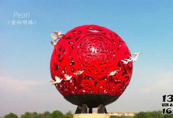 鏤空球雕塑-廣場城市不銹鋼鴿子環(huán)繞紅色鏤空球雕塑