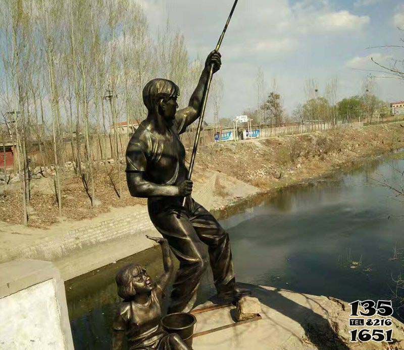 打漁雕塑-釣魚(yú)者公園湖邊人物玻璃鋼仿銅雕塑高清圖片