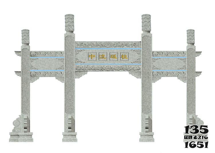 牌坊雕塑-景區(qū)門(mén)前擺放大理石三門(mén)四柱簡(jiǎn)易高清圖片