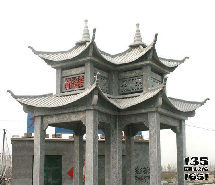 涼亭雕塑-景區(qū)園林?jǐn)[放仿古建青石鏤空雕刻雙亭雕塑高清圖片