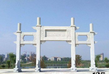 牌坊雕塑-公園景區(qū)漢白玉三門(mén)石柱牌樓石雕