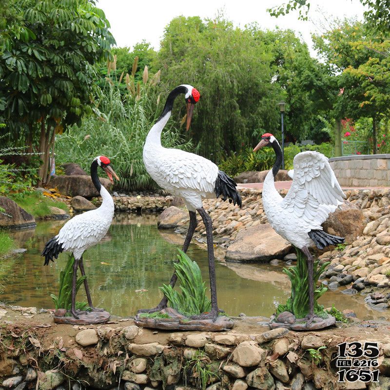 丹頂鶴雕塑-玻璃鋼彩繪仿真動物景觀裝飾品池塘邊上的丹頂鶴雕塑高清圖片