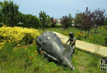 公園雕塑-戶外花園小孩與海螺銅雕公園雕塑