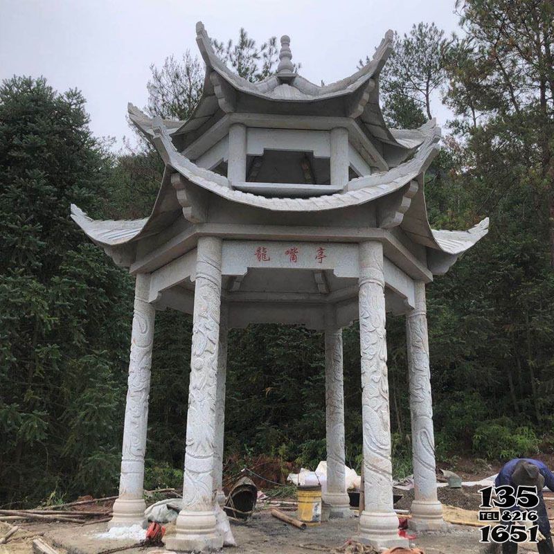 涼亭雕塑-山區(qū)寺廟戶外雙層斗拱頂青石仿古涼亭高清圖片