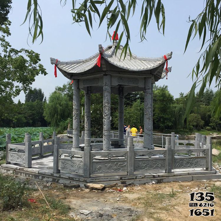 涼亭雕塑-公園池塘邊古建筑龍紋雕刻六角休息涼亭雕塑高清圖片