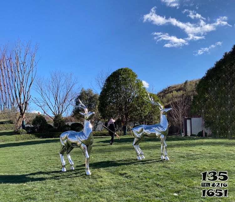 梅花鹿雕塑-戶(hù)外園林不銹鋼鏡面景觀兩只梅花鹿雕塑高清圖片